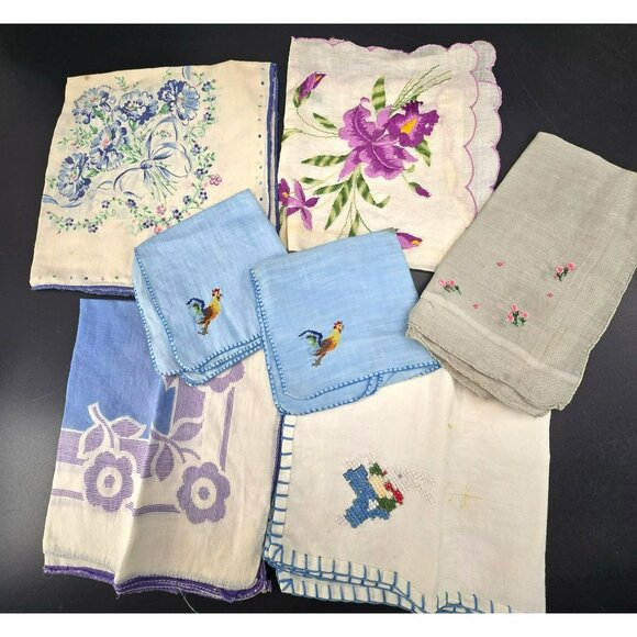 Vintage Handkerchief Lot With Floral Embroidery Cross-Stitch CM2041 - Picture 1 of 10